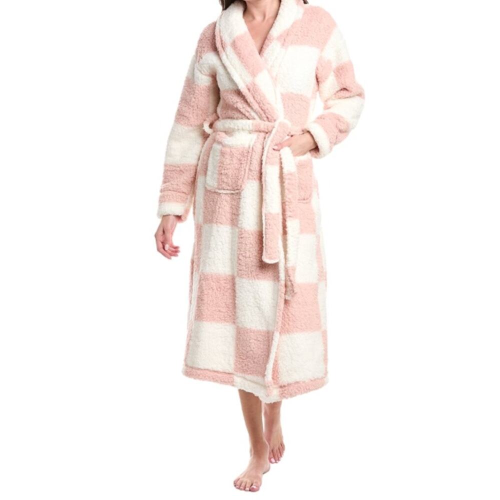 Sancturary Womens Shawl Collar Sherpa Robe Size L/XL Plush Checker Winter Pink - Picture 2 of 14